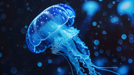 Glowing Jellyfish in Dark Ocean Depths a Mesmerizing Underwater Display