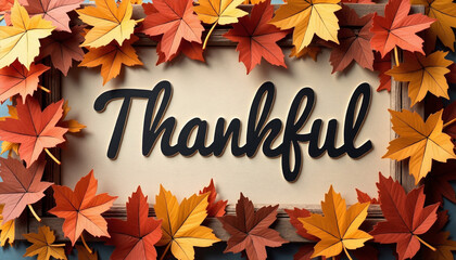 Blessed thankful sign in a frame of autumn leaves for Thanksgiving cards, website banners, family celebration concepts