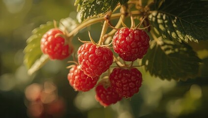 view highlights a cluster of ripe, juicy red raspberries hanging from a green leafy branch, with sunlight softly illuminating the fresh fruit and creating a blurred background.