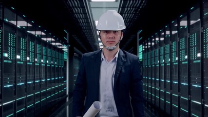 Front View of Asian Businessman Holding Blueprint While Walking in Server Room Data Center - Powered by Adobe