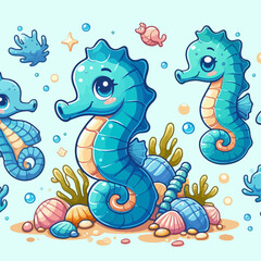 Illustration of a cute blue seahorse © wahyu