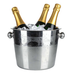 Three champagne bottles chilled in a stainless steel ice bucket, condensation visible