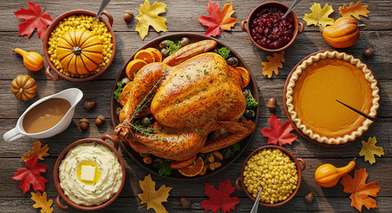 Top view of beautifully set Thanksgiving table with golden roast turkey