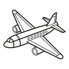 Simple black and white line drawing of a passenger airplane in flight