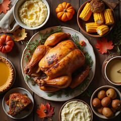 Top view of beautifully set Thanksgiving table with golden roast turkey