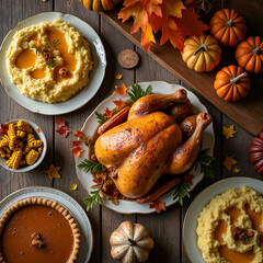 Top view of beautifully set Thanksgiving table with golden roast turkey