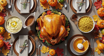 Top view of beautifully set Thanksgiving table with golden roast turkey
