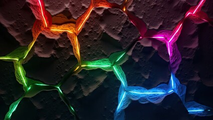 Colorful, glowing lines weave through a textured, dark surface, creating an abstract and vibrant visual with a modern aesthetic.
