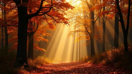 Golden sunbeams pierce autumn forest canopy light rays