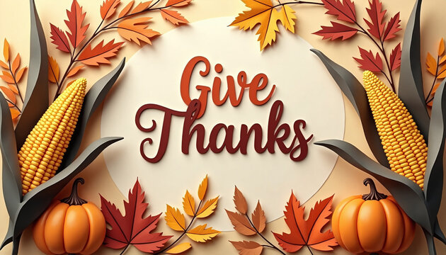 Give thanks phrase with autumn harvest for Thanksgiving celebration, festive cards, invitations, social media posts
