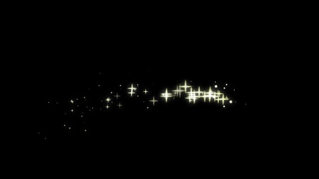 Glitter sparkle stars trail, luminous gold particles shimmer, twinkling fairy dust path, elegant bright light animation background, glowing starlight shine overlay loop 4k black screen.