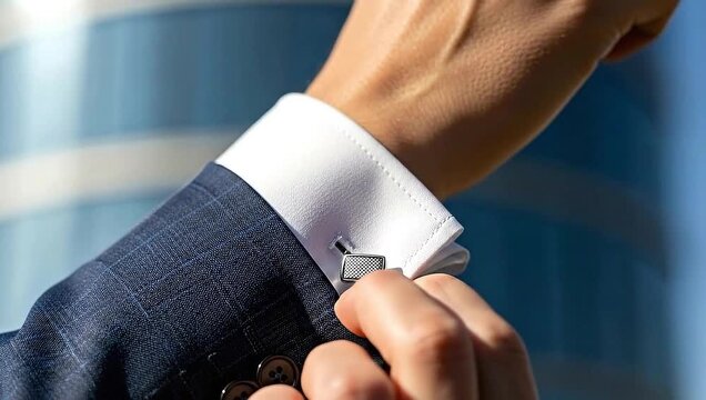 Close-up shot of a man's hand fastening the cufflink on a suit jacket. Background blue glass