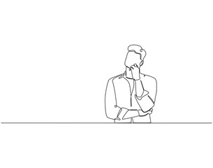 Thingking man gesture continuous line art. Man thingking idea one line drawing. Idea, solution and decision concept vector illustration
