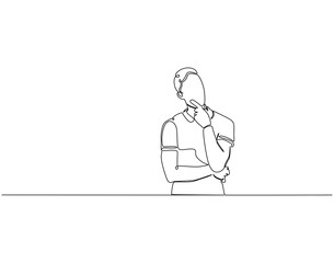 Thingking man gesture continuous line art. Man thingking idea one line drawing. Idea, solution and decision concept vector illustration