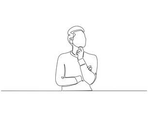 Thingking man gesture continuous line art. Man thingking idea one line drawing. Idea, solution and decision concept vector illustration