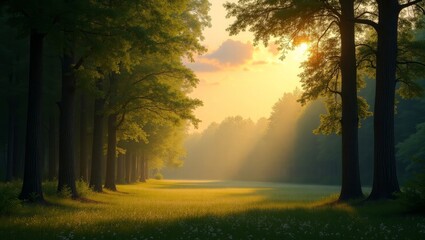 Golden sunbeams through misty forest trees nature sunlight