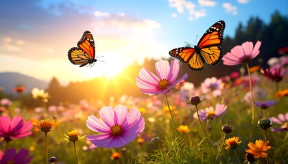 Two Monarch butterflies flit above a vibrant wildflower field basking in golden sunlight, capturing the essence of summer
