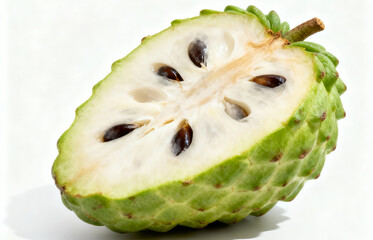 A vibrant and refreshing close-up of a cut cherimoya fruit, revealing its juicy white flesh speckled with black seeds