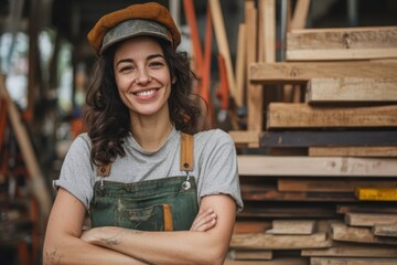 Skilled carpenter smiles proudly in workshop filled with wooden materials