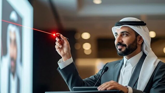 A man in traditional attire presents at a conference using a laser pointer. He is smiling