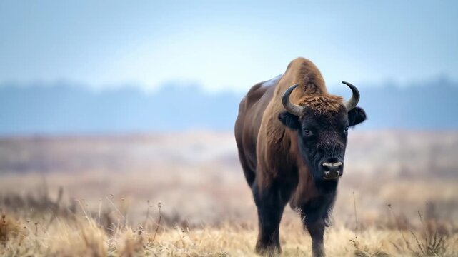Majestic European Bison Grazing in Open Field - A Wildlife Portrait.