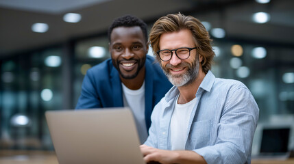 Collaboration at Its Finest: Two focused individuals, immersed in a project, sharing a moment of understanding and teamwork, highlighted by their warm smiles and shared focus.