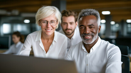 Collaborative Insight: A dynamic team collaborates closely at a laptop, showcasing teamwork and shared expertise within a modern office environment.