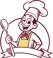 Happy Cartoon Chef Mascot Holding Spoon for Restaurant Logo and Culinary Branding