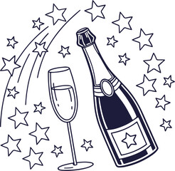 Champagne Bottle and Glass Celebration Illustration with Stars for Party and New Year Design