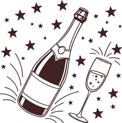 Champagne Bottle and Glass Celebration Illustration with Stars for Party and New Year Design