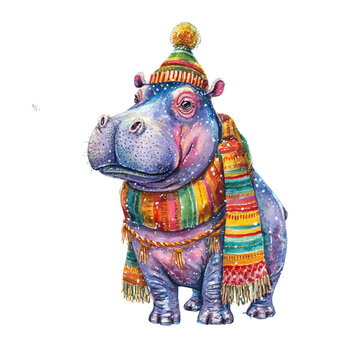 Adorable winter Hippo Illustration in Colorful Scarf and HatWhims. ical watercolor illustrations of cute hippopotamuses.