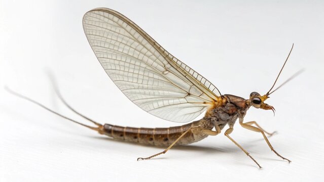Mayfly with delicate transparent wings, slender body, and long tail filaments, isolated on a clean white studio background, realistic aquatic insect macro portrait, sharp focus, professional lighting