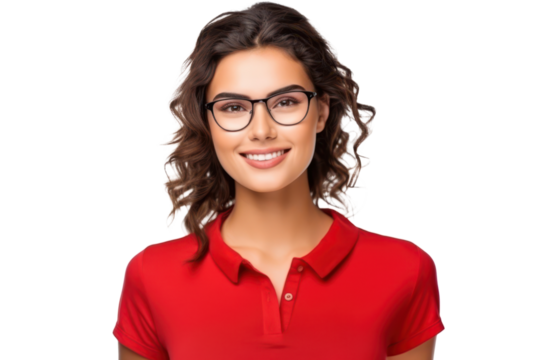 Young Uruguayan woman in red shirt with eyeglasses happy and smiling isolated
