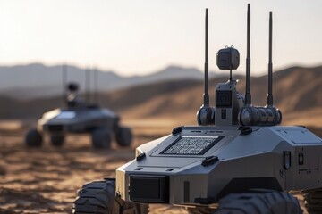Futuristic robotic vehicles exploring arid desert landscape during golden hour