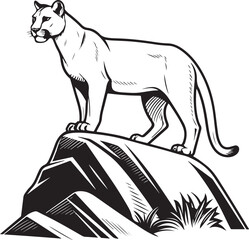 Mountain Lion Standing on Rock – Wild Cougar Illustration in Black and White