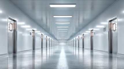 Fototapeta premium A long hallway with many doors and a lot of light