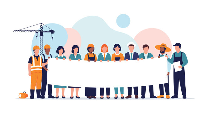 A diverse group of construction workers and professionals holding a large blank banner together.