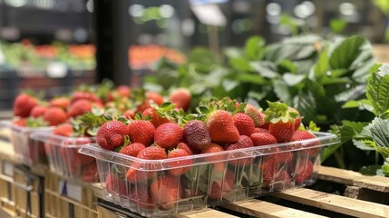 Fresh, ripe strawberries in plastic containers at a market, ready for sale