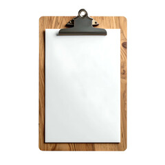 Wooden clipboard with white paper, metal clip, isolated on black background