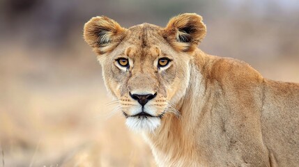 Naklejka premium ferocity. Lioness with a focused gaze and detailed fur, bathed in golden savanna light with a natural habitat backdrop. wildlife magazines.