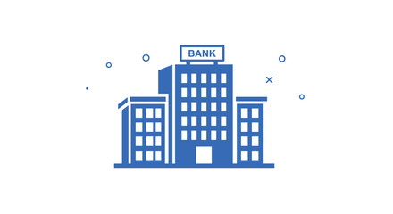 A modern blue bank building with the word bank on top.