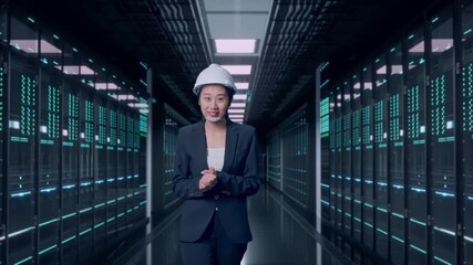 Front View of Asian Businesswoman Walking and Speech in Server Room Data Center - Powered by Adobe