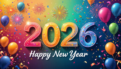 Vibrant Happy New Year 2026 background featuring colorful balloons, fireworks, sparkling confetti, and festive typography. Perfect for holiday greeting cards, party invitations, and seasonal designs.