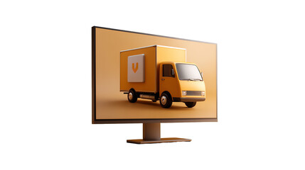 Streamlined shipping truck emerging on screen representing seamless logistics with matte gold and