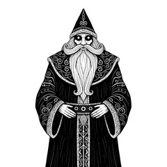 Vintage Santa Claus Illustration &ndash; Hand-Drawn Christmas Character with Long Beard and Ornate Winter Robe

