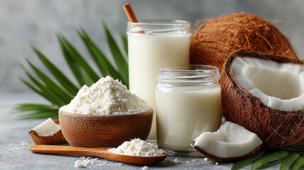 Still life of coconut products including milk, flour, and whole and halved coconuts on a gray surface
