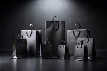 Elegant collection of luxury shopping bags arranged in a dramatic studio setting with spotlight