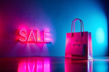 Bright neon pink sale sign glowing in the dark next to a shopping bag with vibrant blue lighting