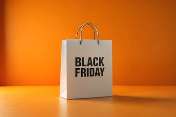 White shopping bag with black friday text in bold black letters on an orange background