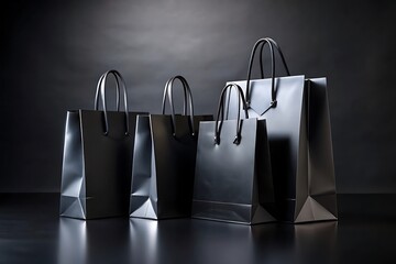 Three shiny metallic shopping bags with handles arranged on a dark reflective surface with dramatic lighting
